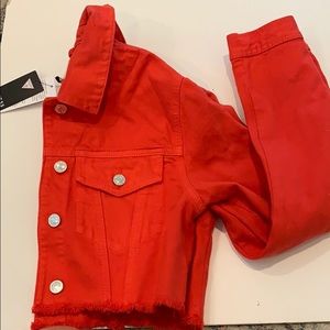 New Guess red denim cropped jacket Small